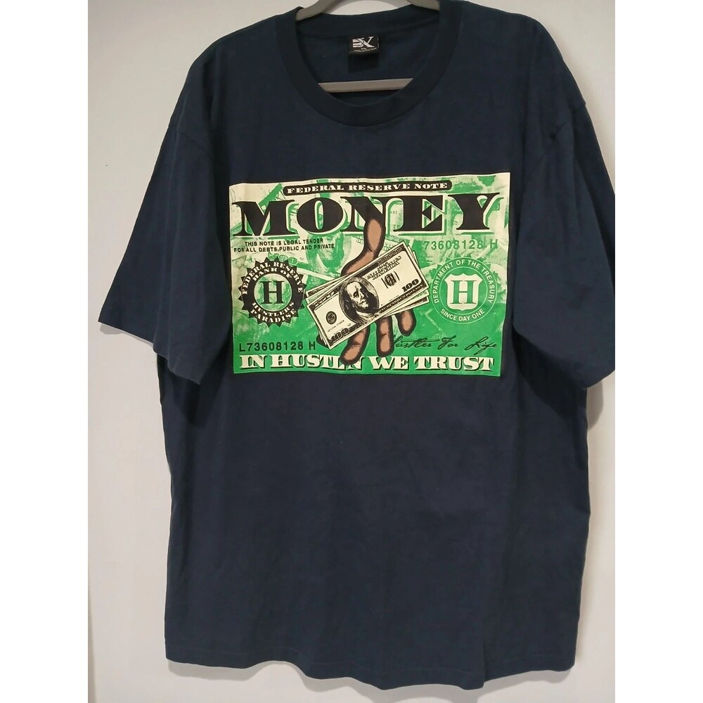 In Hustle We Trust. Graphic T-Shirt. Blue/Green. Men Size 2X Large.